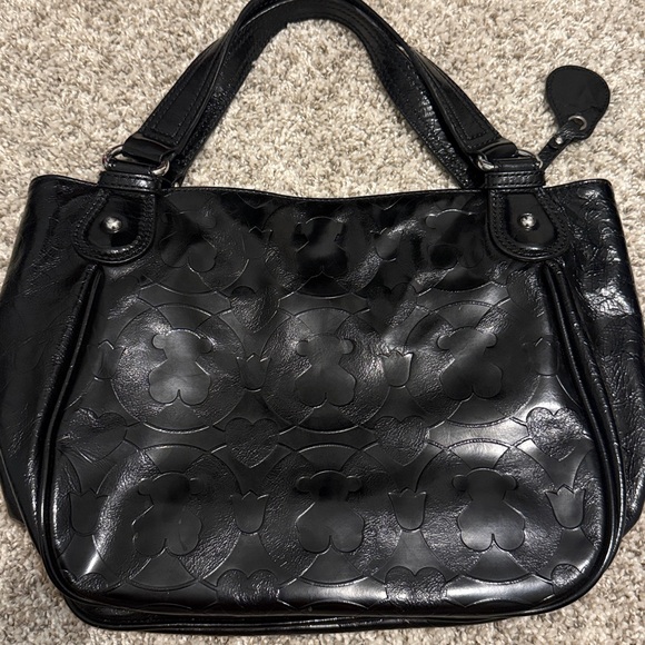 Tous Black Embossed Leather Shoulder Bag Hearts Bears Pattern - Picture 4 of 12